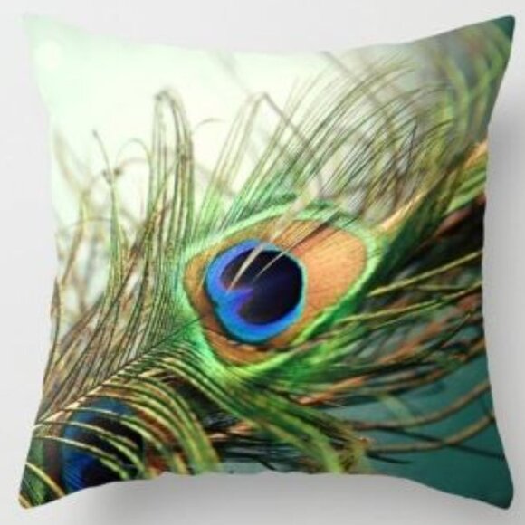 Green Peacock Feather Pillow Cover - Picture 1 of 4
